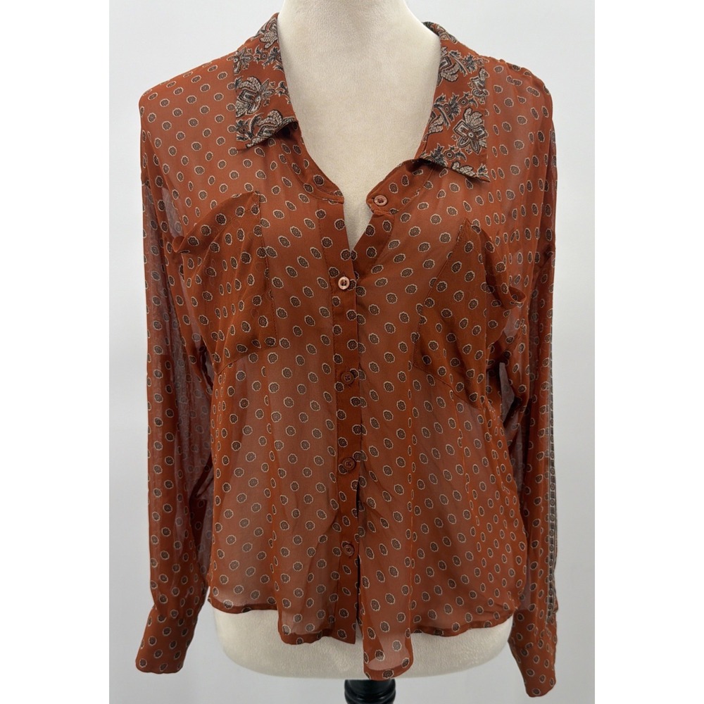 Free People Easy Rider Sheer Blouse  Size XS Small Burnt Orange Paisley Pockets